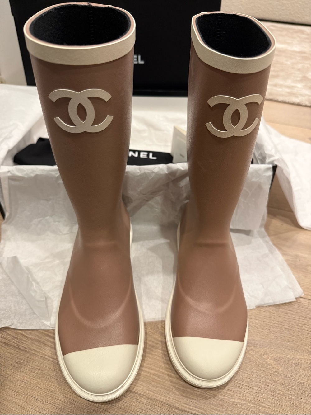 Chanel NWB Beige/White Rain Boots